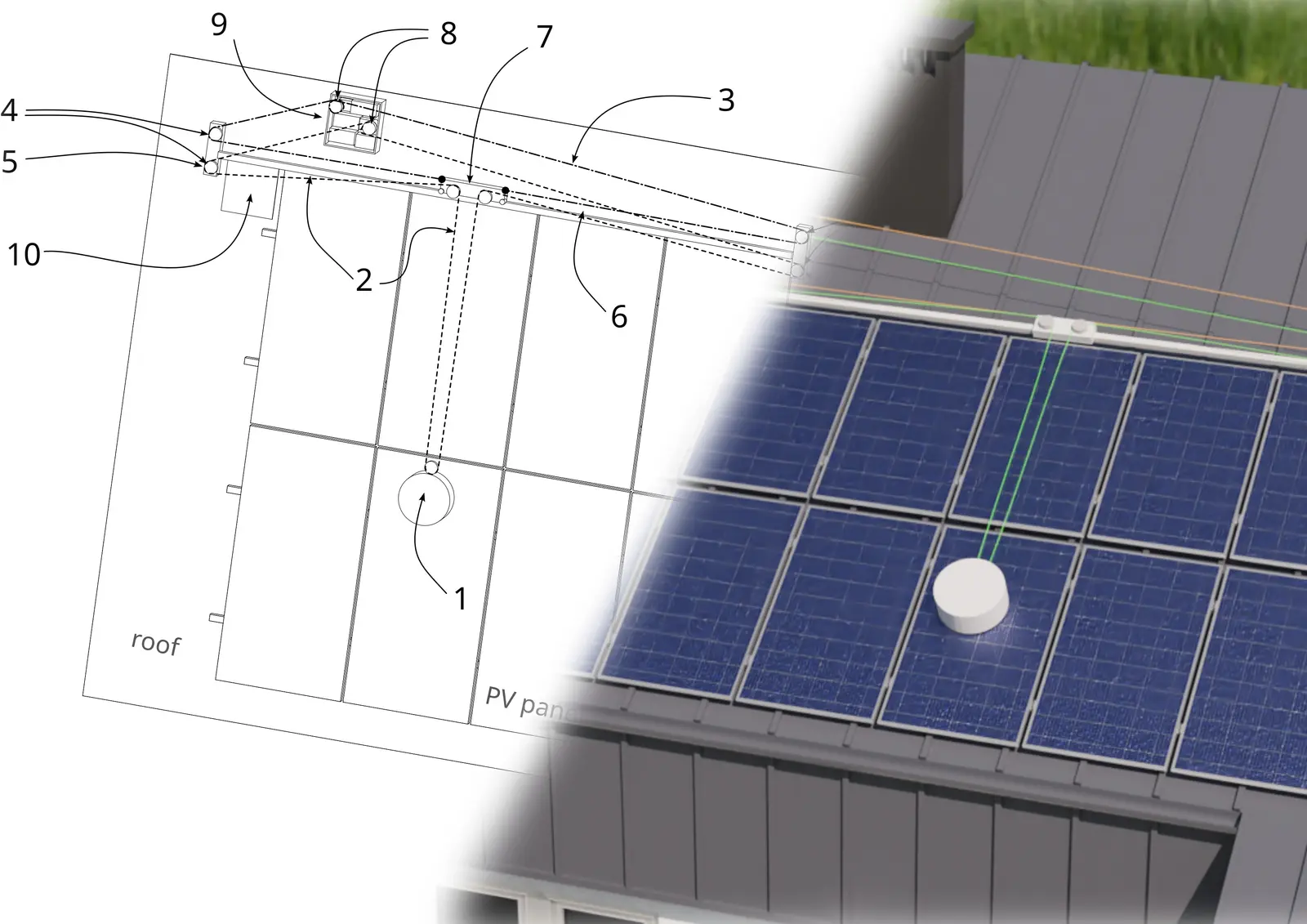 Technical drawing of the SunCleaner system installed along the top edge of a rooftop solar array, next to a render of the same installation